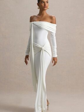 knee length dresses for ladies Deanna Lemon Asymmetric Long-Sleeve Ruched Maxi Dress – Club L London main image 1